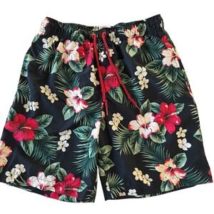 Rokka&Rolla Swim Trunks Mens Black Floral Print Medium Tropical Hibiscus UPF 50+